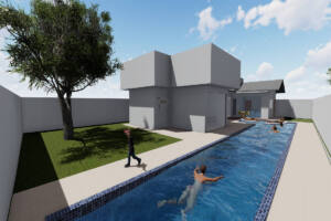 Fundos com piscina - Casa Simone Zolet em Foz do Iguaçu-PR - projeto arquitetônico, projeto BIM moderno